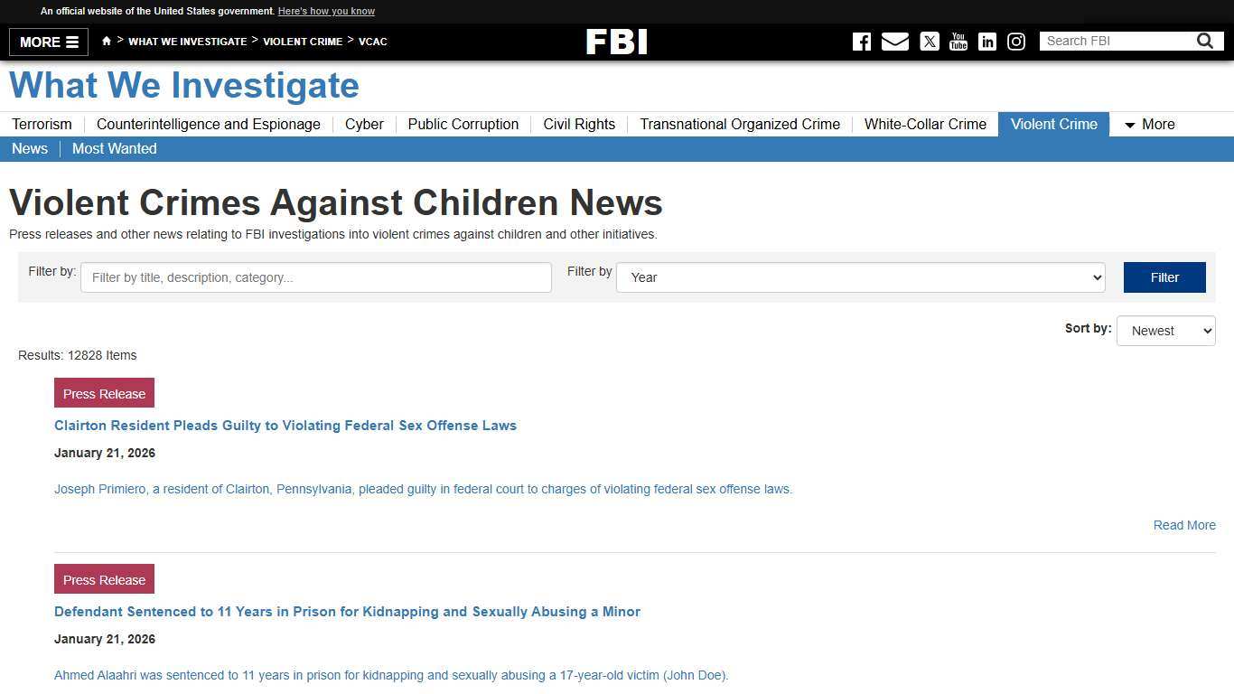 Violent Crimes Against Children News — FBI